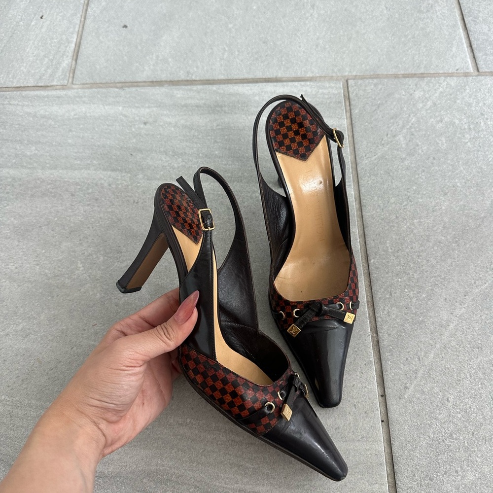 Vintage Louis Vuitton Black and Brown Check Slingback Pumps